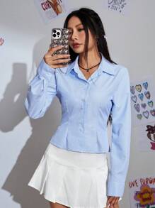 SHEIN Muchic 淺藍色條紋女襯衫 - 藍色 - 查看 1