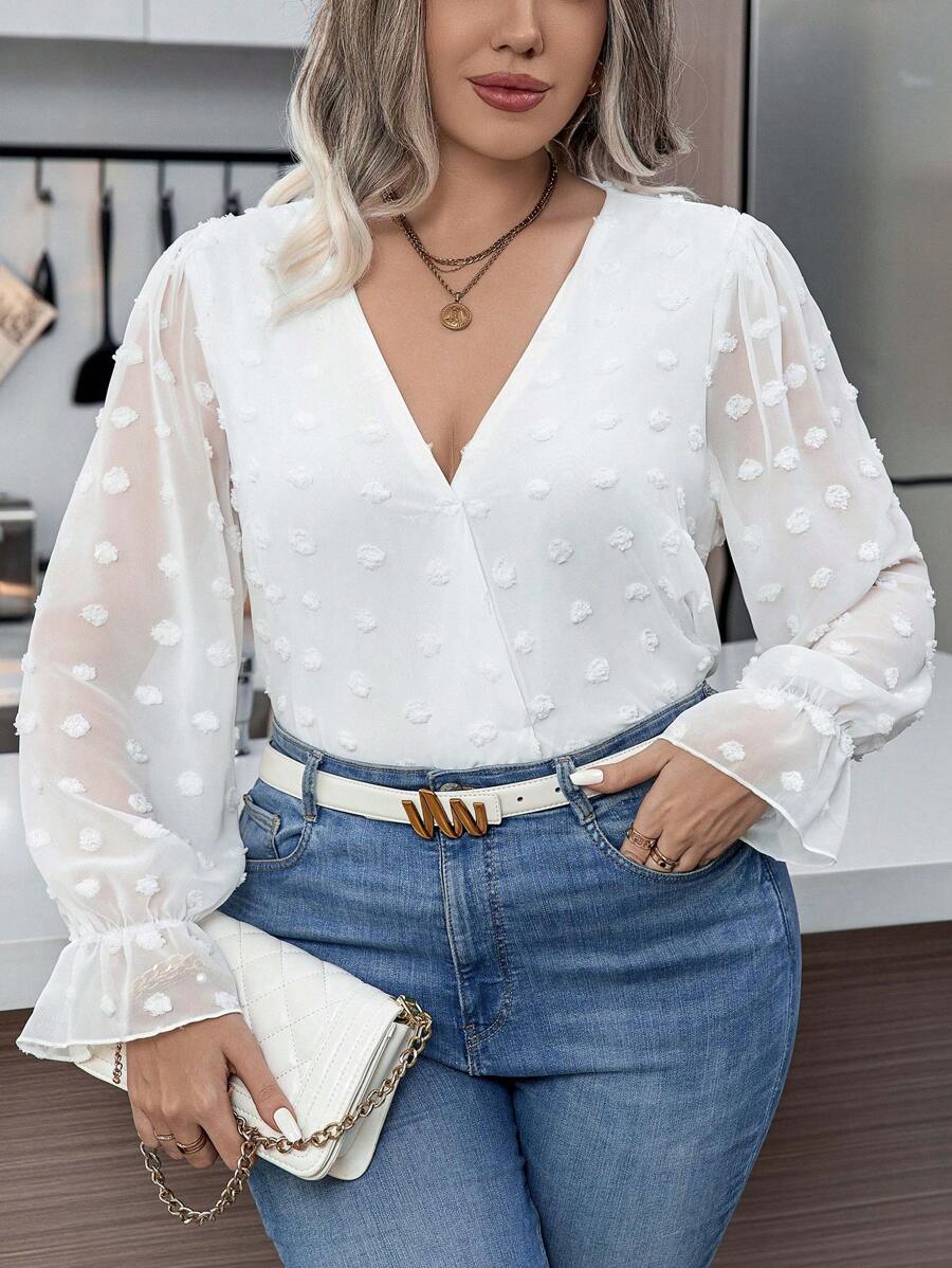 Celure 大尺碼女式圓點裹領襯衫 - 白色 - 查看 1