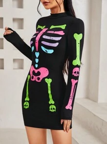 SHEIN PETITE 女款立領羅紋印花長袖連身裙 - 黑色 - 查看 3