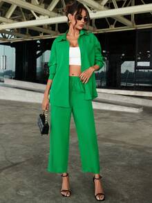 SHEIN LUNE Của phụ nữ Thả vai Tay áo dài Áo sơ mi Và Quần Bộ - màu xanh lá - Xem 3
