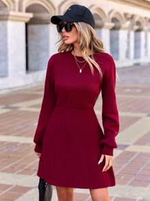 EURMUSE Của phụ nữ Tay áo lồng đèn Viền xếp Đầm Áo len - Màu Đỏ Sâu - Xem 4