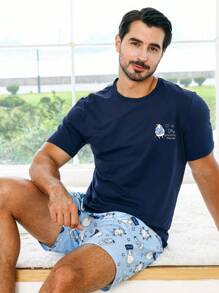 Men Cartoon Graphic PJ Set / Pajama Set - Blue - View 5