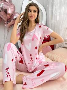 Women's Milk Silk Pajama Set With Heart Print - Pink - View 1