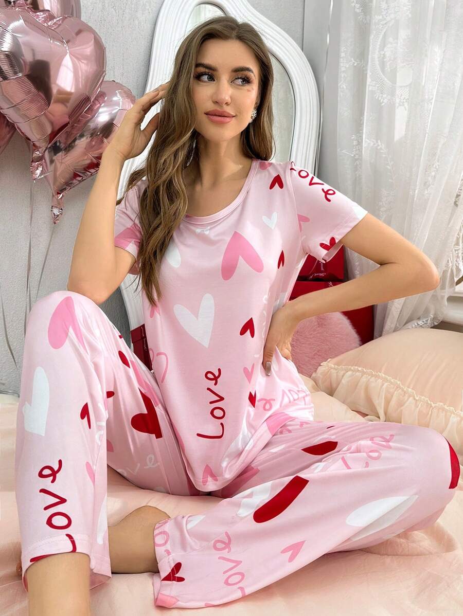 Women's Milk Silk Pajama Set With Heart Print - Pink - View 1