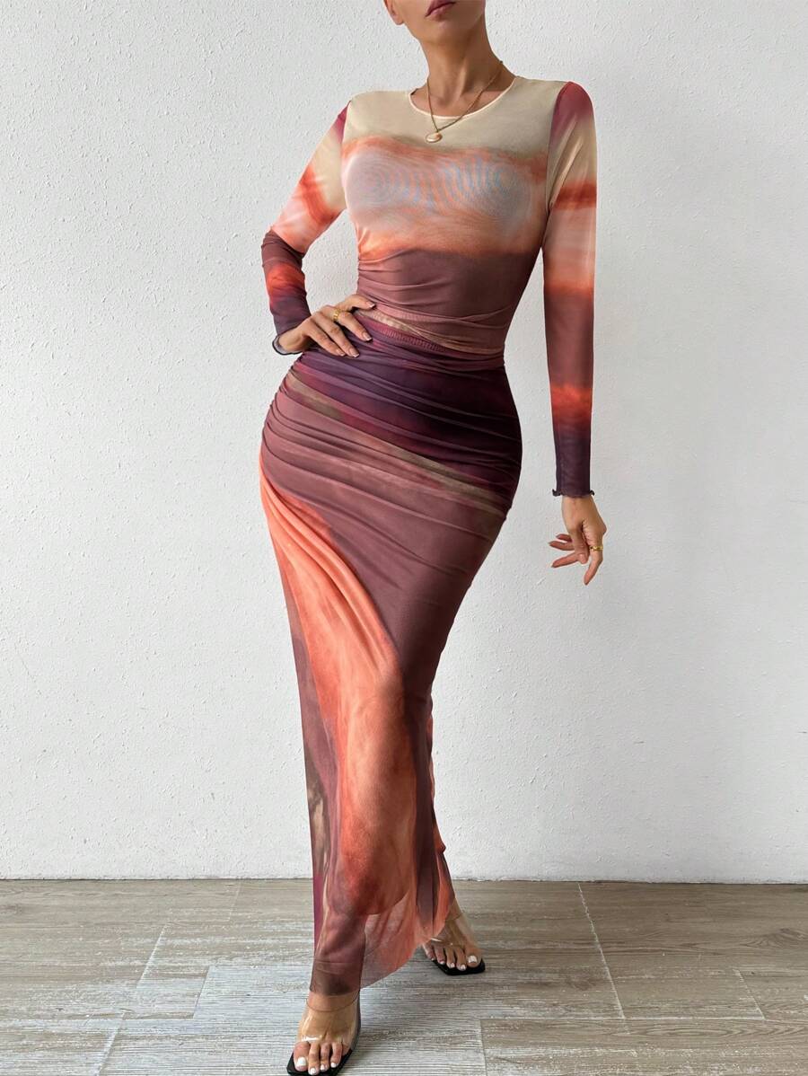 Allurite Vestido Bodycon De Manga Larga Teñido De Corbata Para Mujer - Marrón Mocha - Ver 1
