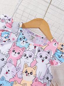 SHEIN Young Girl Cartoon Pattern Cap Sleeve A-Line Dress - Multicolor - View 6