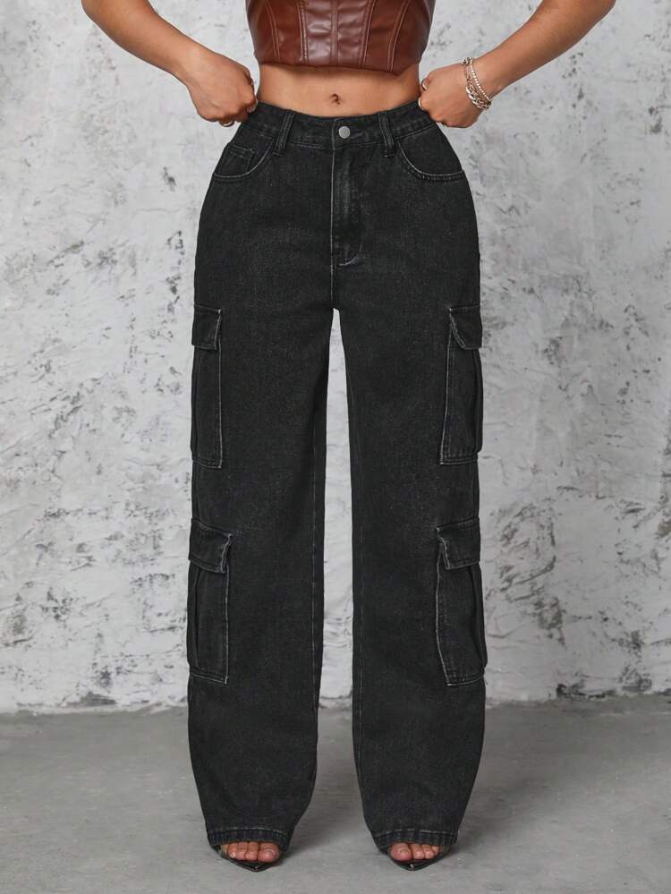 Solid Color Cargo Denim Jeans