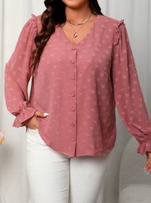 SHEIN Clasi Plus Size Women'S Ruffled Bell Sleeve V-Neck Blouse - Redwood - View 3