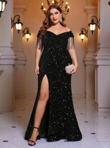 SHEIN Belle Plus Size Women's Dazzling High Side Split Party Gown (Heavy Duty) Black Elegant Formal Evening Prom Wedding Guest Dress, For Graduation, Dinner - Black - View 5