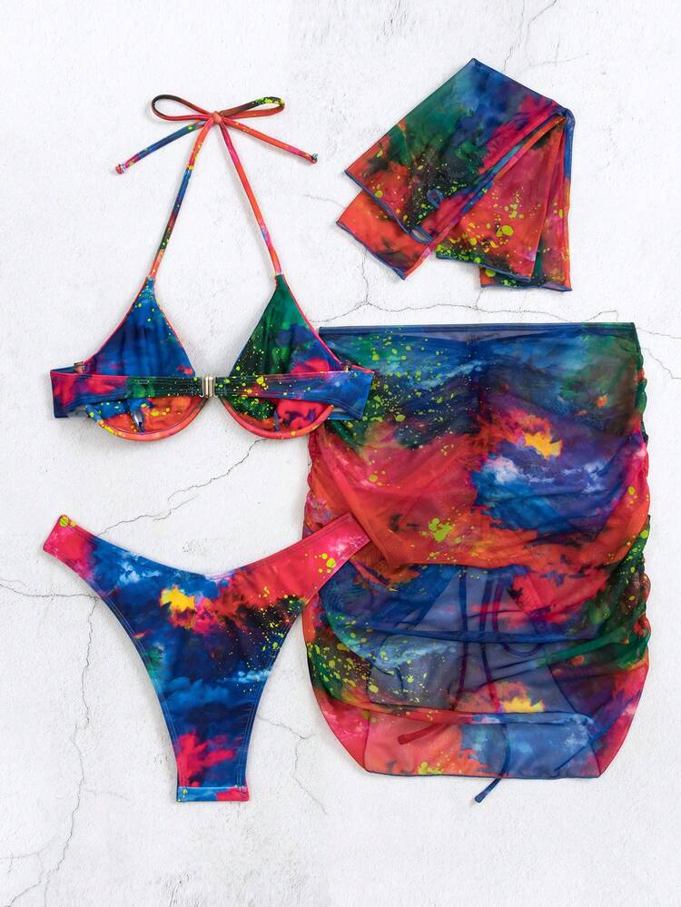 Ladies' Tie Dye Halter Neck Separated Bikini Set (With Steel Support And Sleeves) Summer Beach