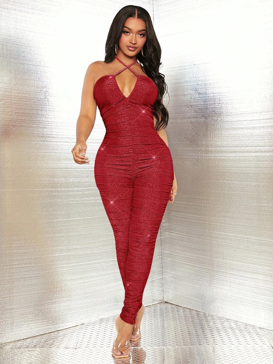 SHEIN SXY Mono Con Volantes Y Cuello Halter Cruzado Para Mujer