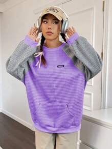 Flirla Color Block Patched Detail Raglan Sleeve Sweatshirt Pullover Fall Sweatshirt - Violet Purple - View 4