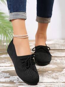 女童圆头低帮平底系带休闲平底鞋 - 黑色 - 查看 2