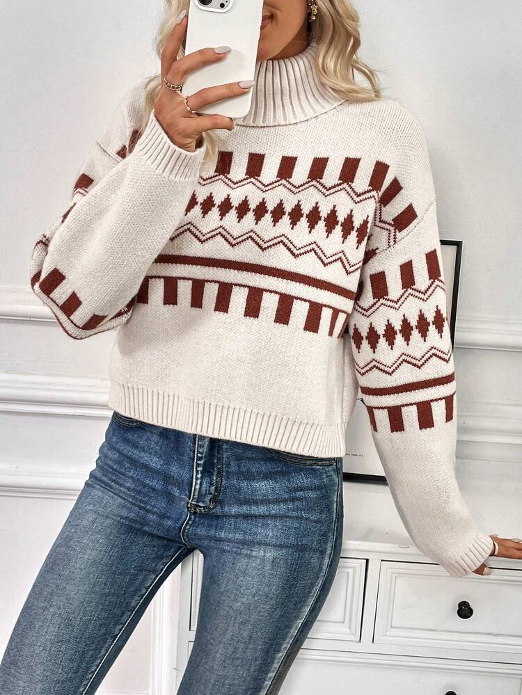 Women'S High Neck Drop Shoulder Geometric Pattern Sweater