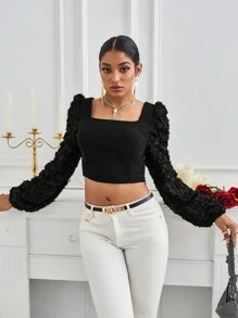 GENKIRA Lantern Sleeve Short Blouse With 3d Flower Decoration Fall Cloth For Women - Black - View 1