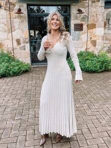 Solid V Neck Flounce Sleeve Dress - White - View 5