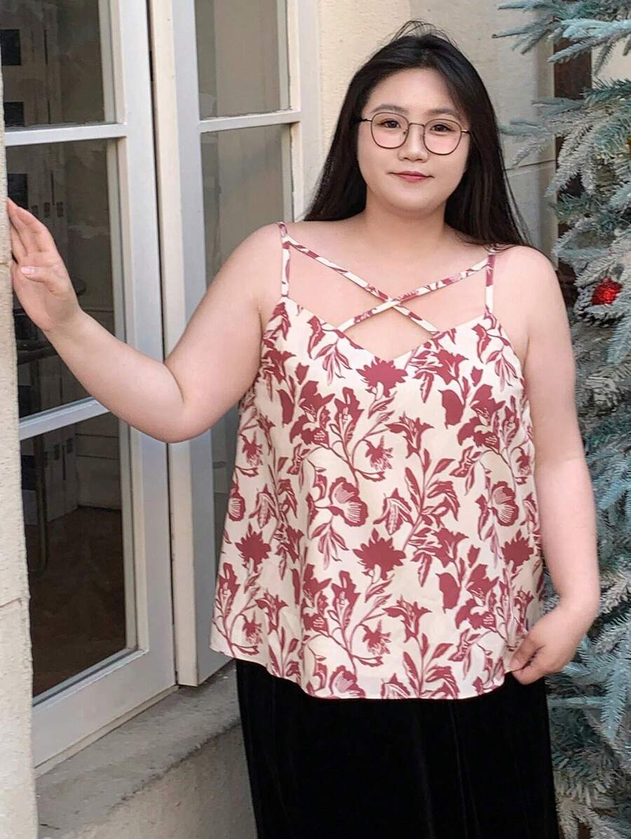 Dazy Plus Women's Floral Print Camisole Top Babydoll Top,Boho Tops Vacation Outfits Women - Coral Pink - View 1