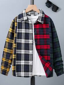 SHEIN Boys' Color Block Grid Plaid Long Sleeve Shirt Fall Winter - Multicolor - View 1
