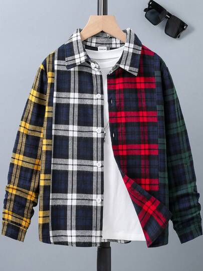 SHEIN Boys' Color Block Grid Plaid Long Sleeve Shirt Fall Winter