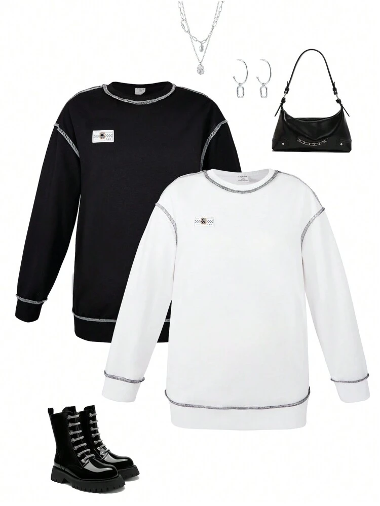 Tween Girls' 2pcs Color Blocked Round Neck Sweatshirt With Contrast Stitching Detail