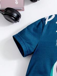 SHEIN Toddler Boys' Dinosaur Print T-Shirt With Realistic Tail Element - Navy Blue - View 4