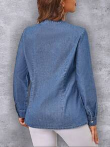 SHEIN LUNE Cuộn tay áo Áo denim Áo khoác Với Ngực đơn Nút Khép kín - Màu xanh lam - Xem 2