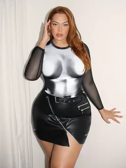 SHEIN SXY Camiseta de manga larga con figura moldeada, contraste de malla y gráfico, nueva para conciertos, fiestas, club sexy, cumpleaños, San Valentín, despedida de soltera, primavera, tallas grandes