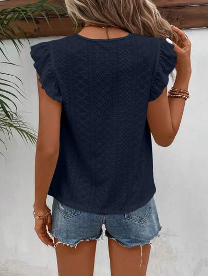 SHEIN Frenchy Women's Solid Color Round Neck Cap Sleeve Casual T-Shirt For Vacation Old Money Style Summer Blue Holiday Resort