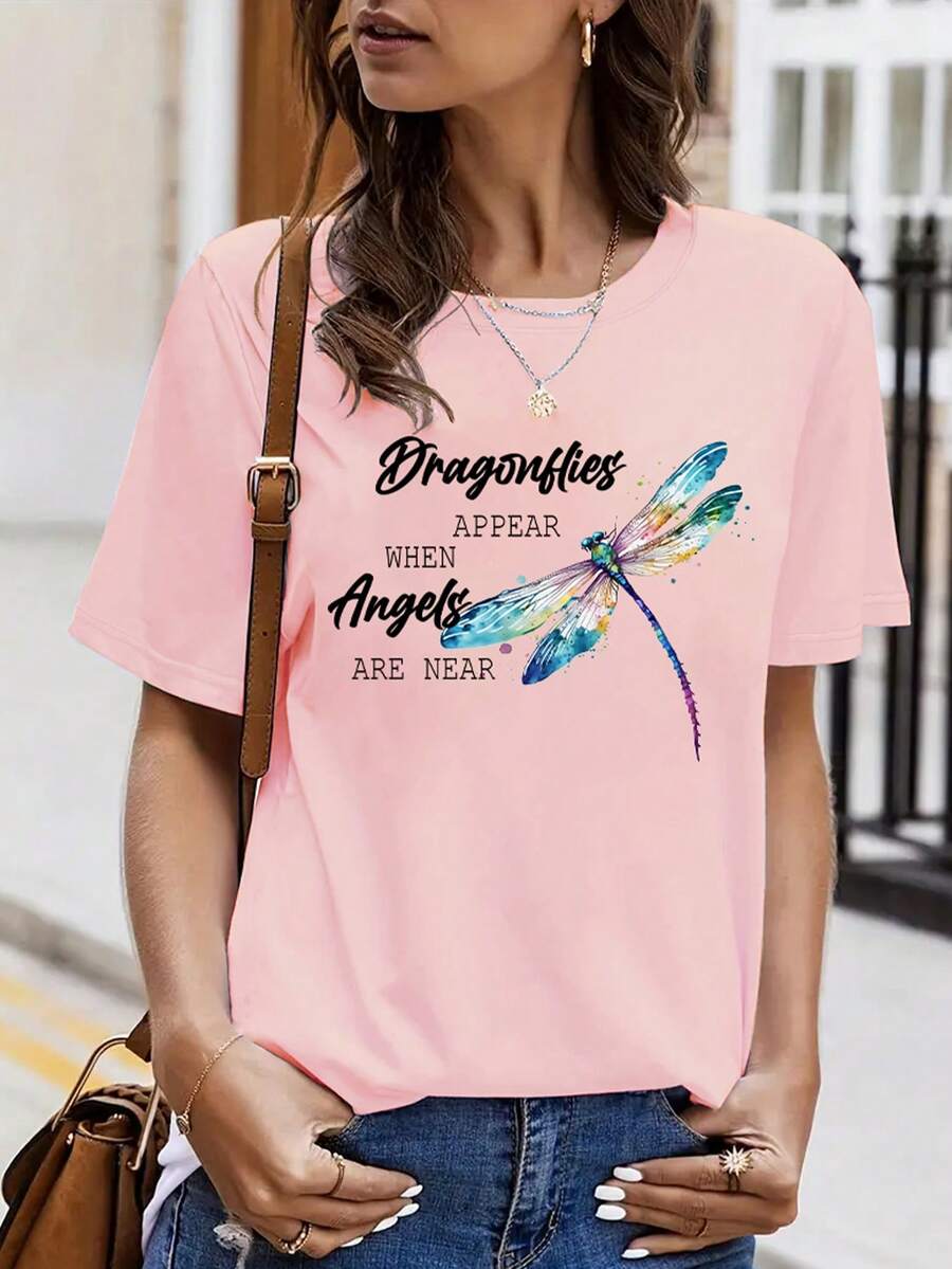 簡約蜻蜓和字母印花女款休閒基本t恤 - 粉色 - 查看 1