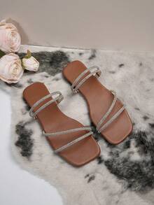 女款水鑽平底涼鞋,夏季新款棕色平底羅馬涼鞋戶外穿著 - 棕色 - 查看 8