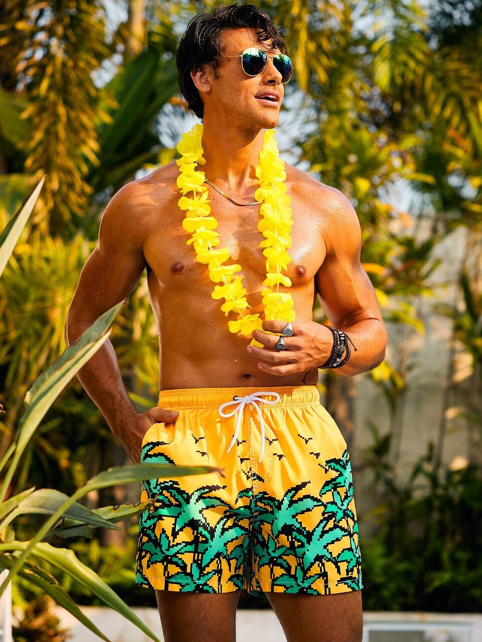 Men'S Tropical Print Beach Shorts