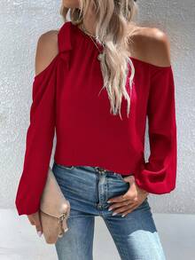 SHEIN LUNE Solid Asymmetrical Shoulder Shirt - Burgundy - View 5