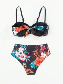 SHEIN Swim Women's Tropical Plant Printed Bikini Set With Push Up, Underwire Carnival Summer Beach