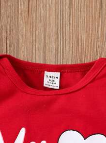 Baby Girl Long Sleeve T-Shirt With Slogan & Heart Print And Bell-Bottoms Pants Set - Red - View 3