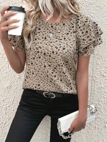 SHEIN LUNE 女童花卉印花荷葉邊上衣 - 卡其色 - 查看 4