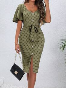 SHEIN VCAY Polka Dot Print Bell Sleeve Belted Dress - Green - View 6