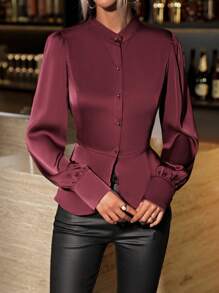 SHEIN Clasi 女士純色提花氣球袖鈕扣襯衫 - 酒紅色 - 查看 5
