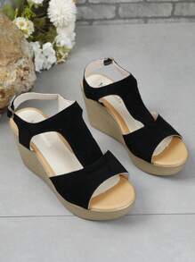 女士大尺碼跨境楔形涼鞋,厚底和腳踝帶 - 黑色 - 查看 6