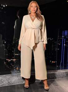 Calvaya 大尺碼2入組不對稱荷葉邊長袖上衣和寬腿長褲套裝 - 杏色 - 查看 4