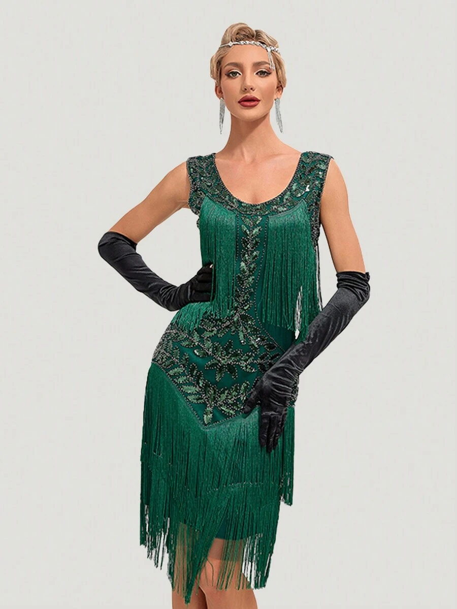 女士复古流苏亮片重型紧身连衣裙，适合鸡尾酒会、晚礼服、优雅舞会半正式婚礼宾客礼服，适合生日、毕业典礼、晚宴、返校节 - 綠色 - 查看 1