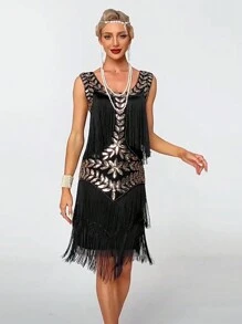 女士复古无袖连衣裙，带流苏和亮片细节，优雅鸡尾酒半正式舞会婚礼宾客礼服，适合生日、毕业典礼、晚宴、返校节派对礼服 - 黑色 - 查看 1