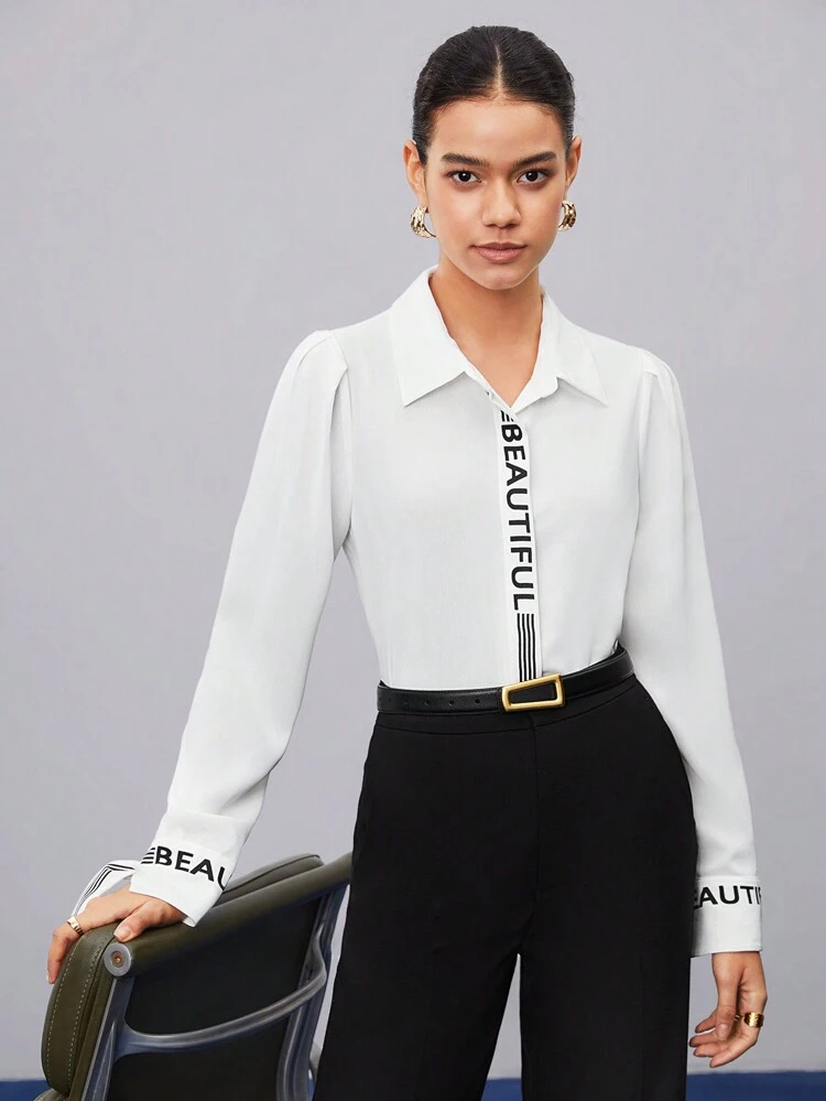 Women’S Letter Printed Puff Sleeve Shirt