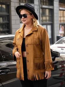 RueChic Plus Fringe Trim Dual Pocket Suedette Jacket - Beige - View 3