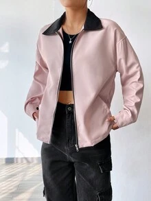 SHEIN Unity Của phụ nữ Tương phản Màu sắc Đứng cổ áo Dây kéo Áo khoác - Hồng - Xem 3