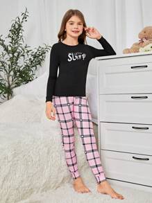 Tween Girl Family Matching Outfits, Letter Print Plaid Snug Fit Pajama Set - Black - View 4