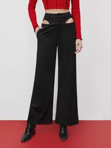 Maija Women's Solid Color High Waist Hollow Out Pants - Black - View 3