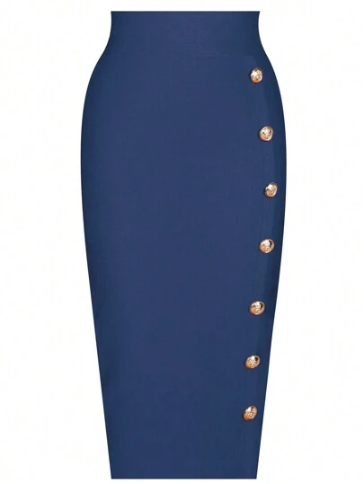  Girsdy Navy Blue Elegant Business Casual Women's Single-Breasted Design Solid Color Button Decor Slimming High Waist Elastic Bodycon Pencil Skirt, Commuting & Everyday Wear, Mid-Length Spring