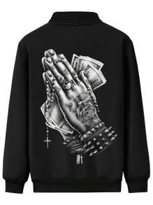 Men's Long Sleeve Rave Jackets, New Spring And Autumn Sports Jackets, Casual Outdoor Running, Fashionable And Personalized Zipper Jacket, Retro European And American Street Style, Money First Prayer Print Men's Long Sleeve Jacket, Suitable For Casual Wear, Sports, Running, Outdoor Activities, For Halloween - Black - View 2