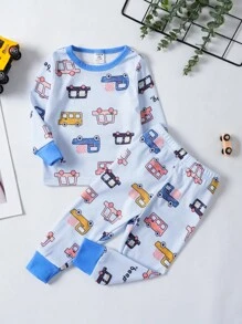 SHEIN 嬰兒男童卡通車印花修身睡衣套裝 - 藍色 - 查看 1