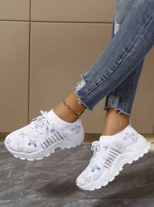 Zapatillas deportivas informales con cordones y mariposas de colores para mujeres, zapatillas para correr - Blanco - Ver 4